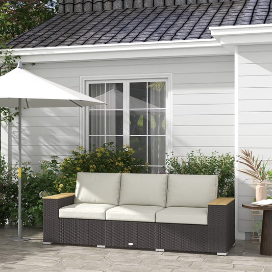 Outsunny Thick Cushioned 3-Seater Outdoor Sofa, Wood Grain Wide Armrests, Patio Couch, Beige