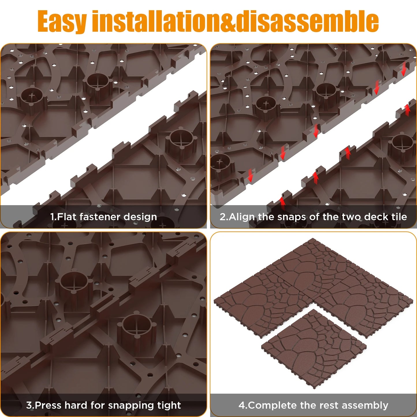 Miniyam 44 Pcs 12"x12" Interlocking Deck Tiles, Rubber Flooring, Patio Decking, Poolside, Dark Gray+Stone Texture