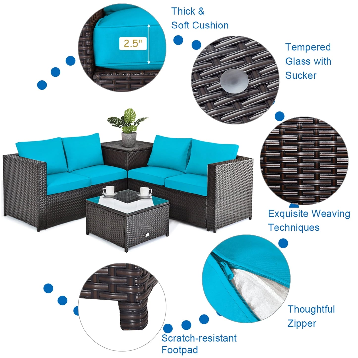 Gymax 8PCS Cushioned Rattan Patio Conversation Set w/Side Table Turquoise Cushion