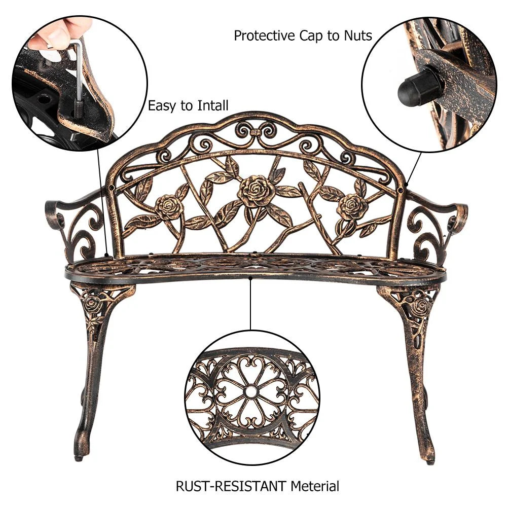 Zimtown Courtyard Park Outdoor Patio Bench Leisure Rose Cast Aluminum Chair, Metal Loveseat Bench for Garden Patio, Porch, Deck, Bronze