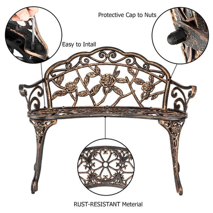 Zimtown Courtyard Park Outdoor Patio Bench Leisure Rose Cast Aluminum Chair, Metal Loveseat Bench for Garden Patio, Porch, Deck, Bronze