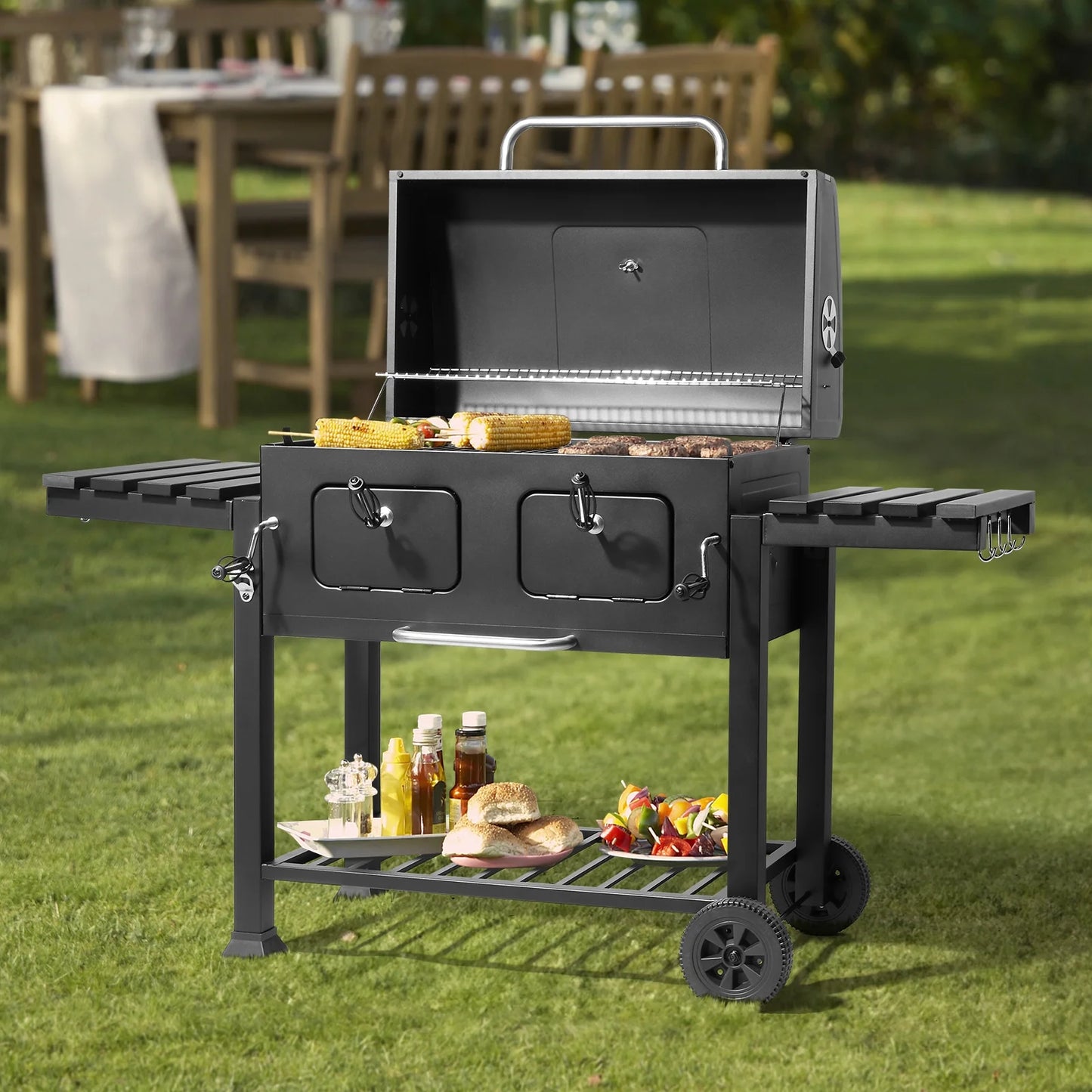 Ktaxon BBQ Grill Outdoor Charcoal Grill Smoker Large-sized Barbecue Grill with 2 Charcoal Doors for Patio,Backyard,Garden