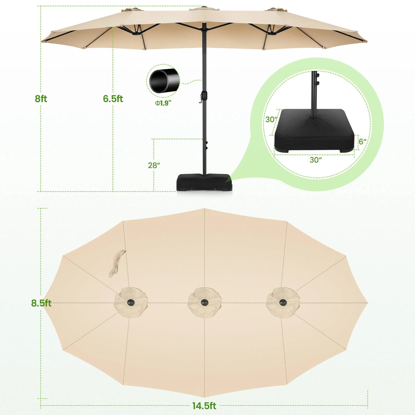 VIBESPARK 15ft Large Outdoor Umbrella Double-Sided Patio Umbrella with Base, Crank Handle, 12 Ribs Rectangular Umbrella for Patio Graden Poolside (Beige)