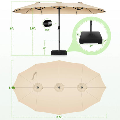 VIBESPARK 15ft Large Outdoor Umbrella Double-Sided Patio Umbrella with Base, Crank Handle, 12 Ribs Rectangular Umbrella for Patio Graden Poolside (Beige)