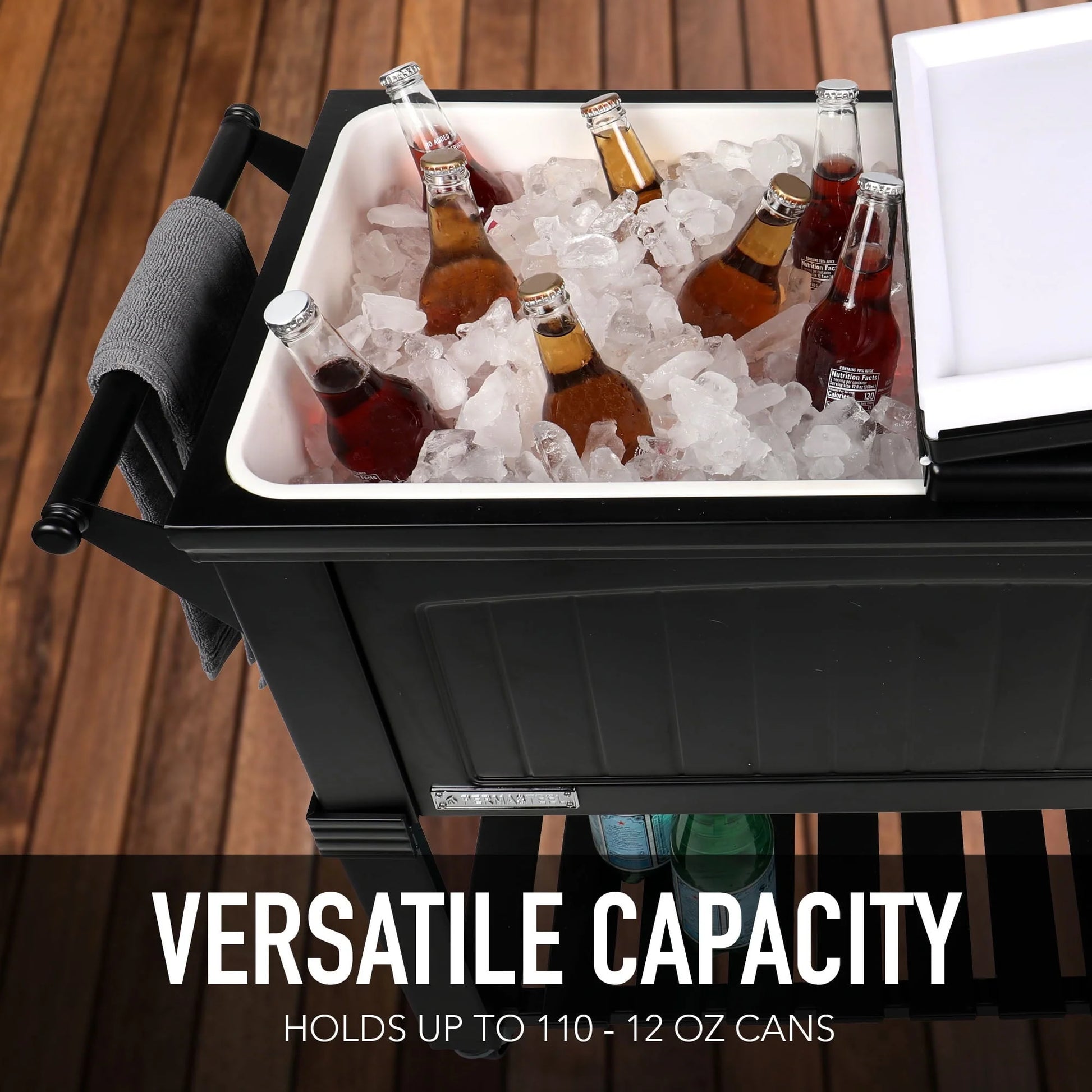 Permasteel 80-Qt Antique Outdoor Steel Patio Cooler on Wheels, Rolling Cooler Cart, Wooden Teak Style, Black