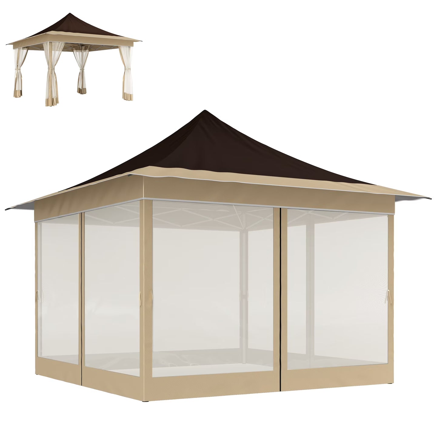 Homiyad 12' x 12' Canopy Tent with Mesh Netting, UPF50+ Pop Up Tent with Carry Bag for Garden, Patio, Brown