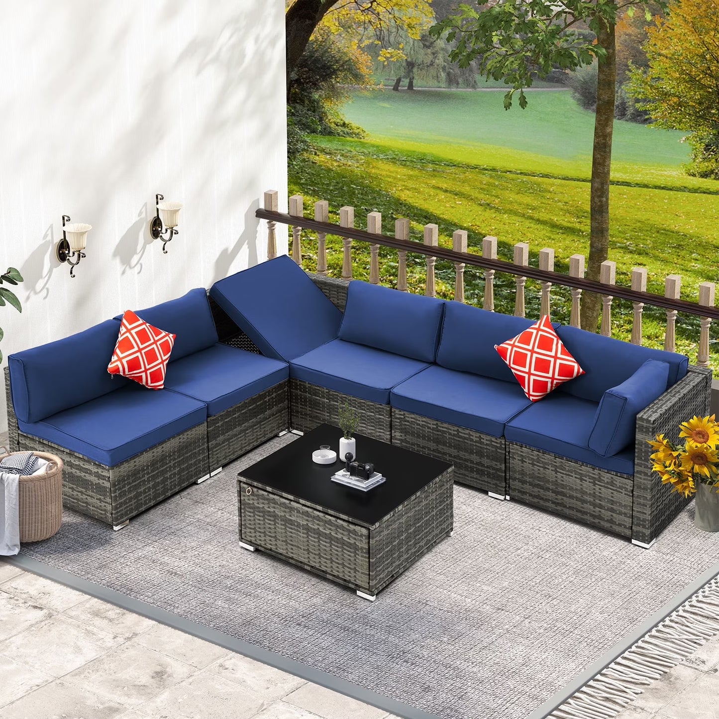 HOMREST 7 Pieces Outdoor Patio Furniture Set with 44" Propane Fire Pit Table, PE Rattan Sectional Sofa Conversation Set w/Adjustable Bracket,Wood Coffee Table for BackyardGrey