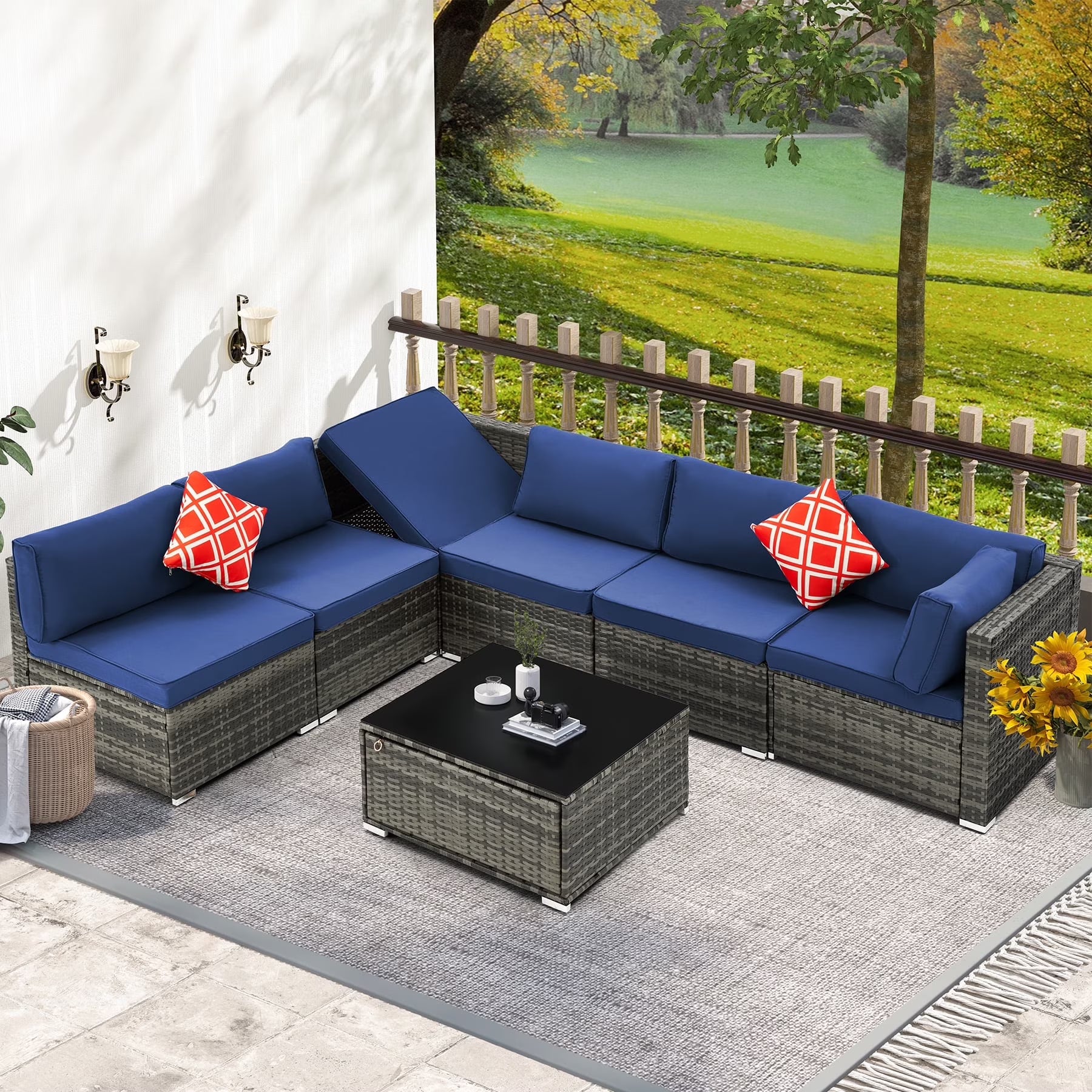 HOMREST 7 Pieces Outdoor Patio Furniture Set with 44" Propane Fire Pit Table, PE Rattan Sectional Sofa Conversation Set w/Adjustable Bracket,Wood Coffee Table for BackyardGrey