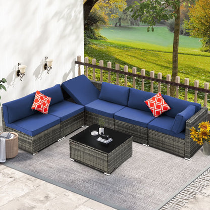 HOMREST 7 Pieces Outdoor Patio Furniture Set with 44" Propane Fire Pit Table, PE Rattan Sectional Sofa Conversation Set w/Adjustable Bracket,Wood Coffee Table for BackyardGrey
