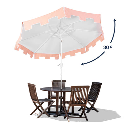 JONATHAN Y Baiona 9 ft. Market Patio Umbrella, Classic Mid-Century with UV Protection, Auto-Tilt, Crank and Wind Vent, White/Coral Pink