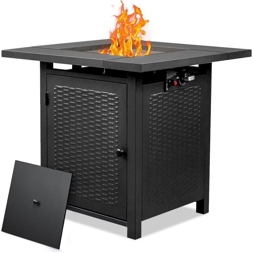 2-in-1 Propane Fire Pit Table, Outdoor Table with Fire Pit, 28 Inch 40,000 BTU Auto-Ignition Gas Fire Pit Table with Lid and Lava Rock, Square Fire Table for Yard Patio Garden