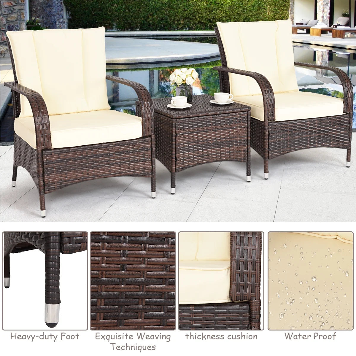Topbuy 3 Pieces Outdoor Patio Rattan Conversation Set Garden Lawn Wicker Sofas