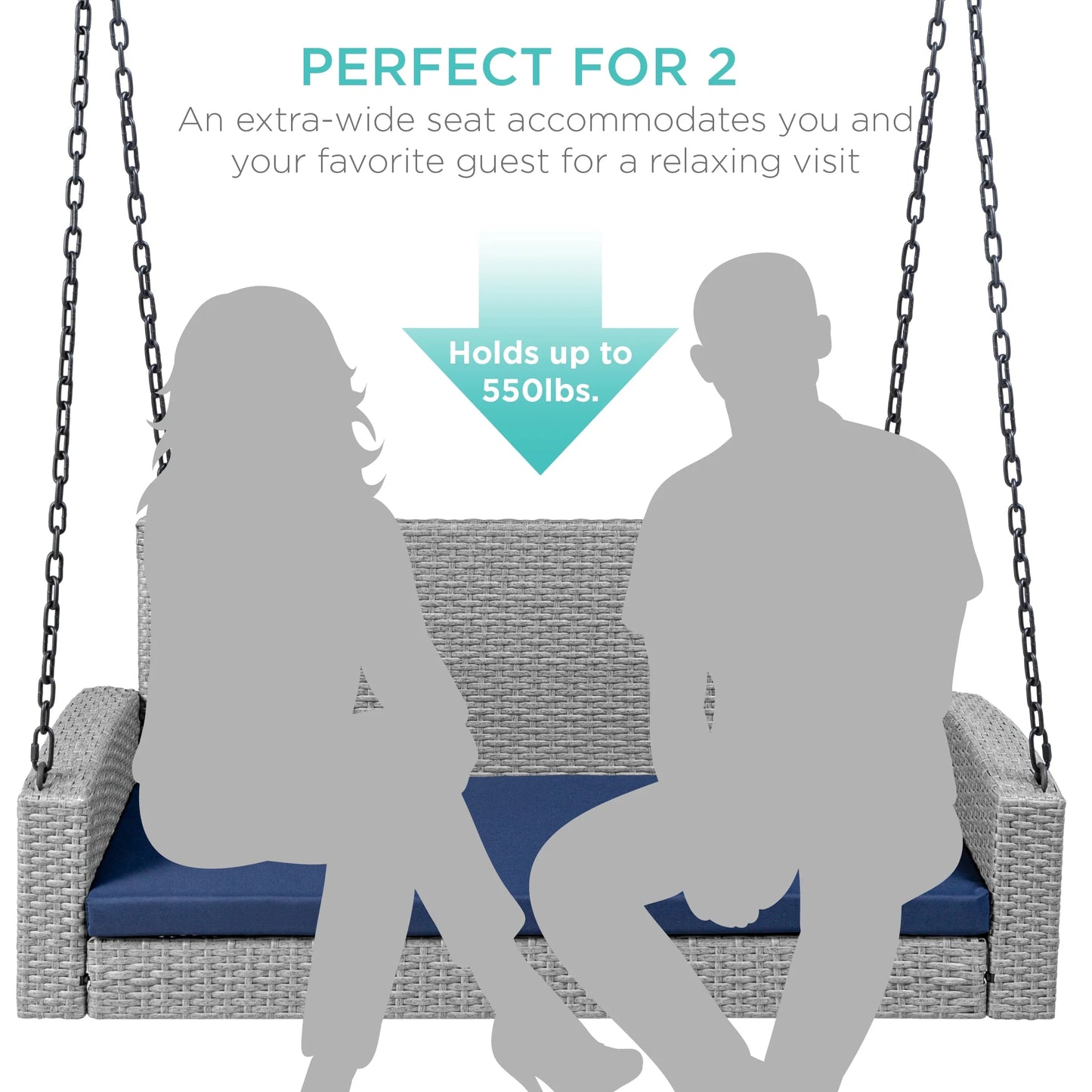 Best Choice Products Woven Wicker Hanging Porch Swing Bench for Patio, Deck w/Mounting Chains, Seat Cushion - Gray/Navy