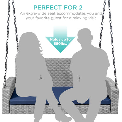 Best Choice Products Woven Wicker Hanging Porch Swing Bench for Patio, Deck w/Mounting Chains, Seat Cushion - Gray/Navy