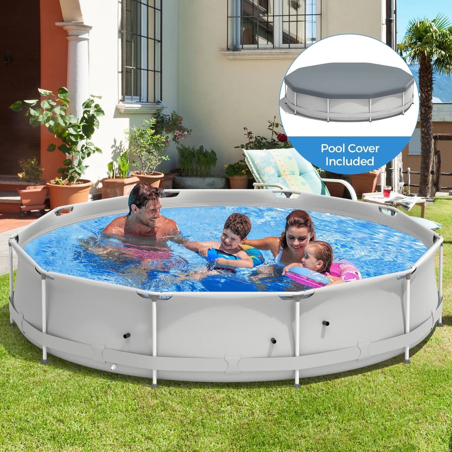 Infans Round Above Ground Swimming Pool Patio Frame Pool W/Pool Cover Iron Frame Blue