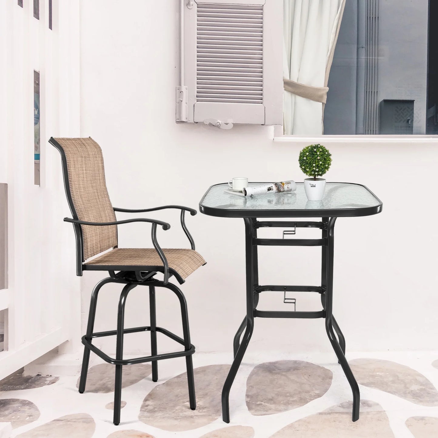 IVV Outdoor Patio Bar Height Bistro Table w/Tempered Glass Top & 1.8" Umbrella Hole & Metal Frame, 31.5"L x 31.5"W x 39.8"H, Black & Clear
