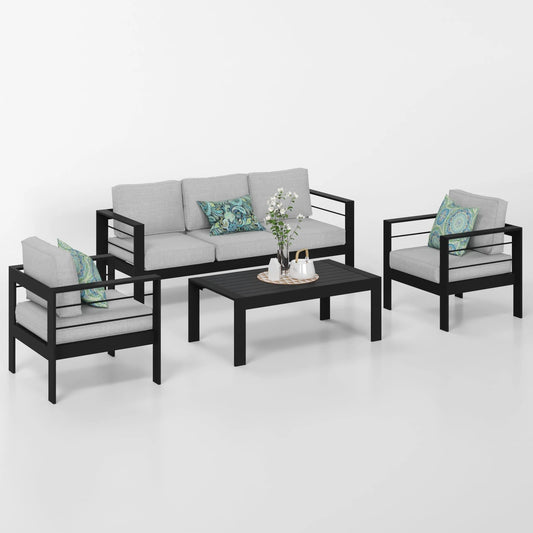 CozyHom 5 Pcs Outdoor Patio Aluminum Furniture Sofa Sets, Outside Patio Conversation Couch Sets With Table& Cushions for Garden Porch, Gray