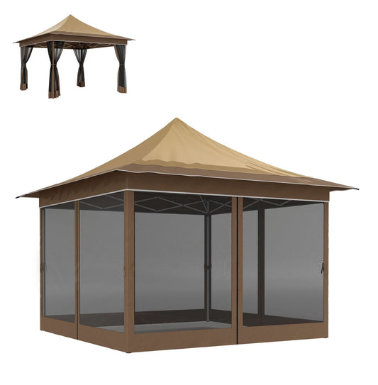 12x12 Canopy Tent with Mesh Netting, UPF 50+ Pop Up Gazebo, Beige - Patio Sun Shelter for Garden, Parties, Outdoor Events