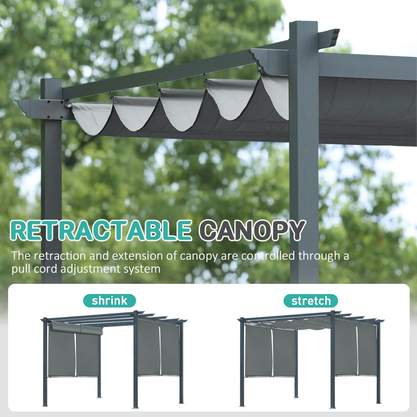 BPS 10'x10' Outdoor Retractable Pergola with Sun Shade Canopy & Curtains, Patio Aluminum Pergola Gazebos for Backyard Deck Garden, Dark Gray