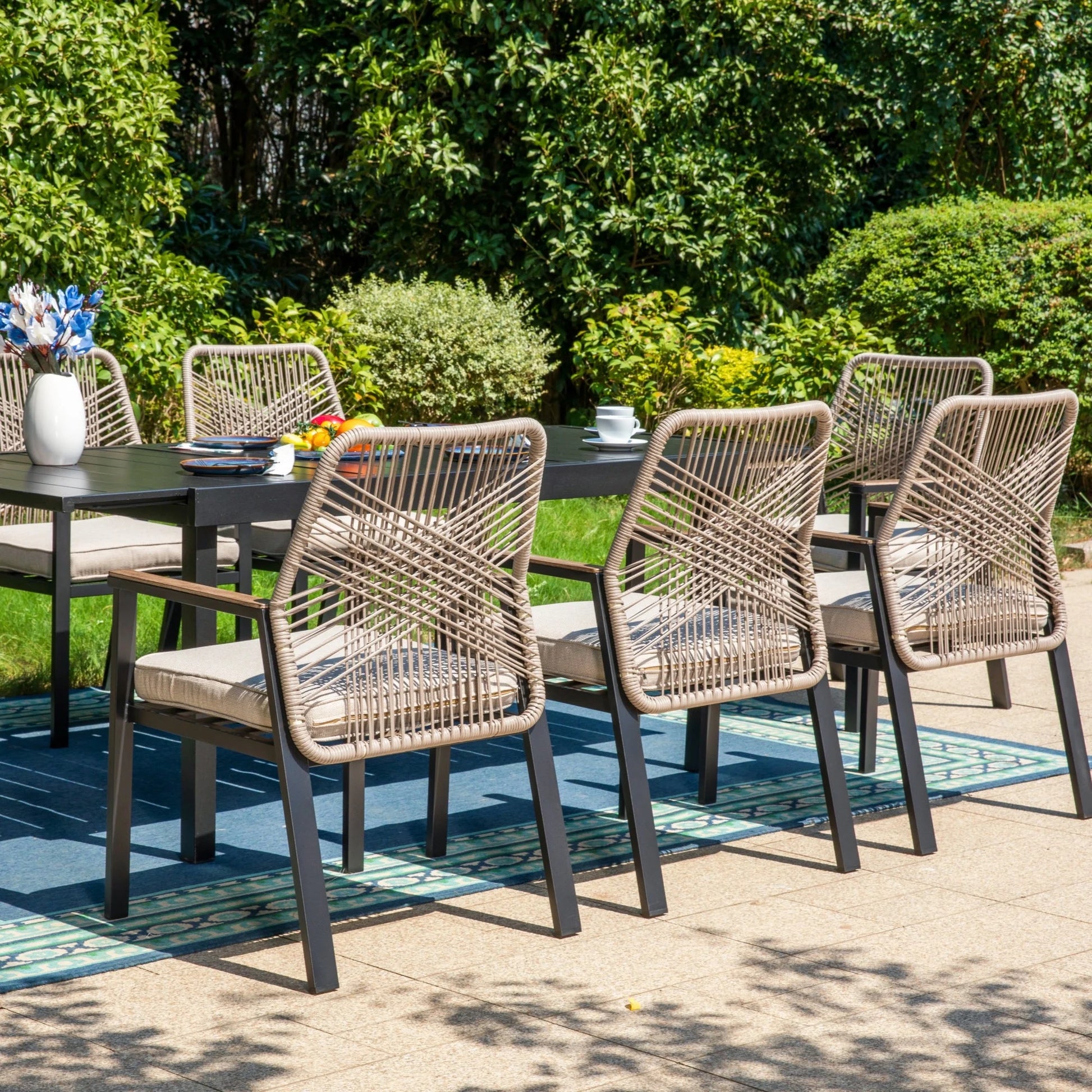 Summit Living 9-Piece Outdoor Dining Set with 8 Cushioned Patio Rattan Chairs and Large Extendable Table, Black and Beige