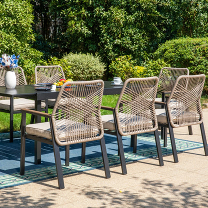 Summit Living 9-Piece Outdoor Dining Set with 8 Cushioned Patio Rattan Chairs and Large Extendable Table, Black and Beige