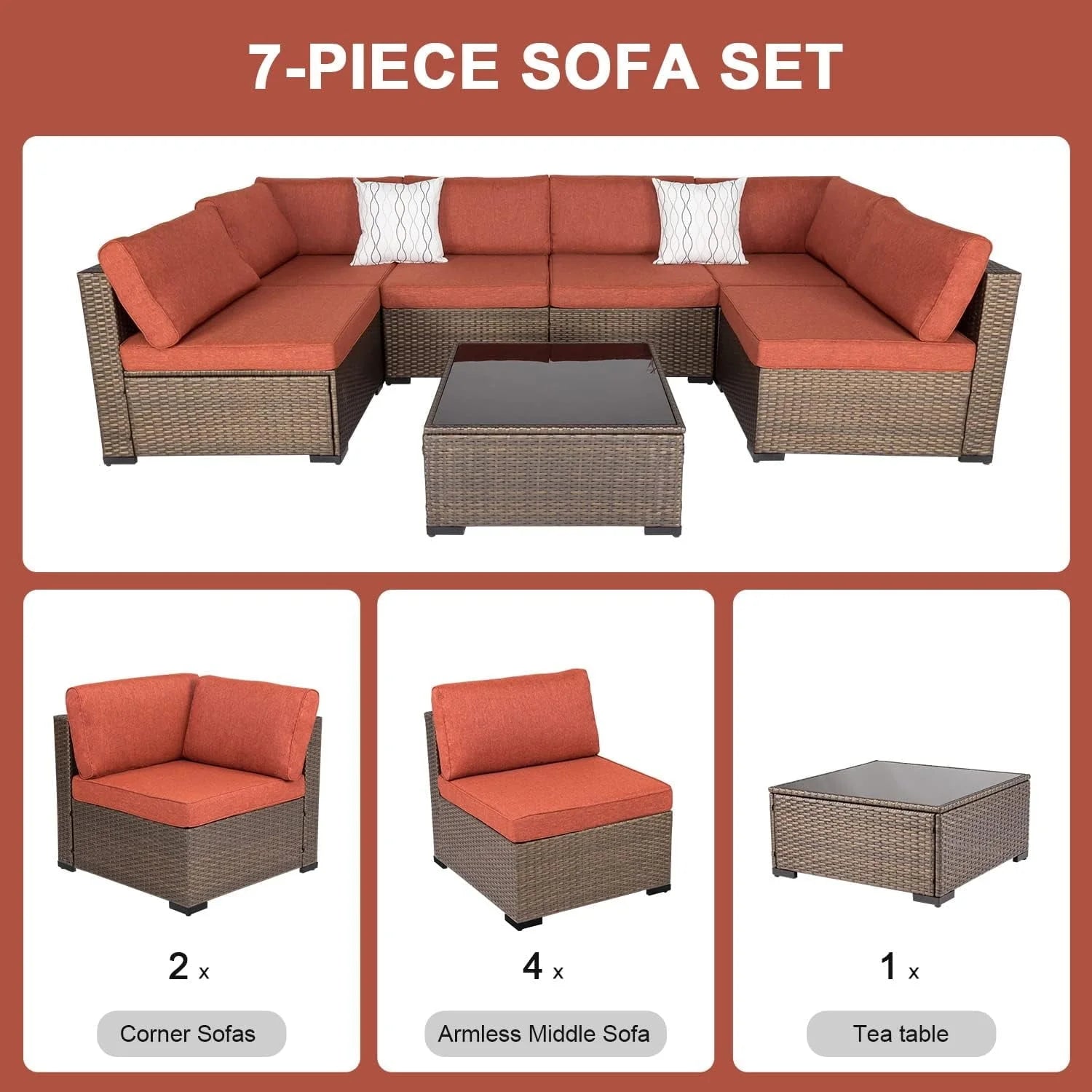Kinbor Outdoor Wicker Furniture Set 7Pcs Sectional Sofa Patio Conversation Set with Maple Red Cushions