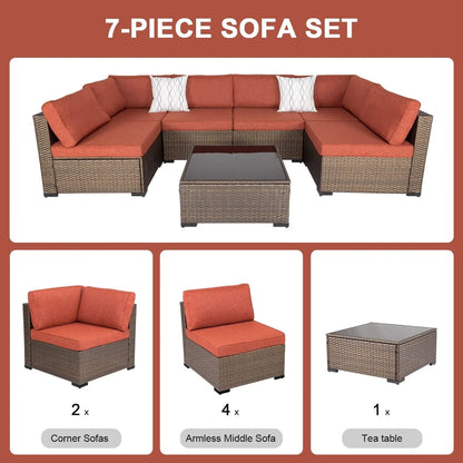 Kinbor Outdoor Wicker Furniture Set 7Pcs Sectional Sofa Patio Conversation Set with Maple Red Cushions