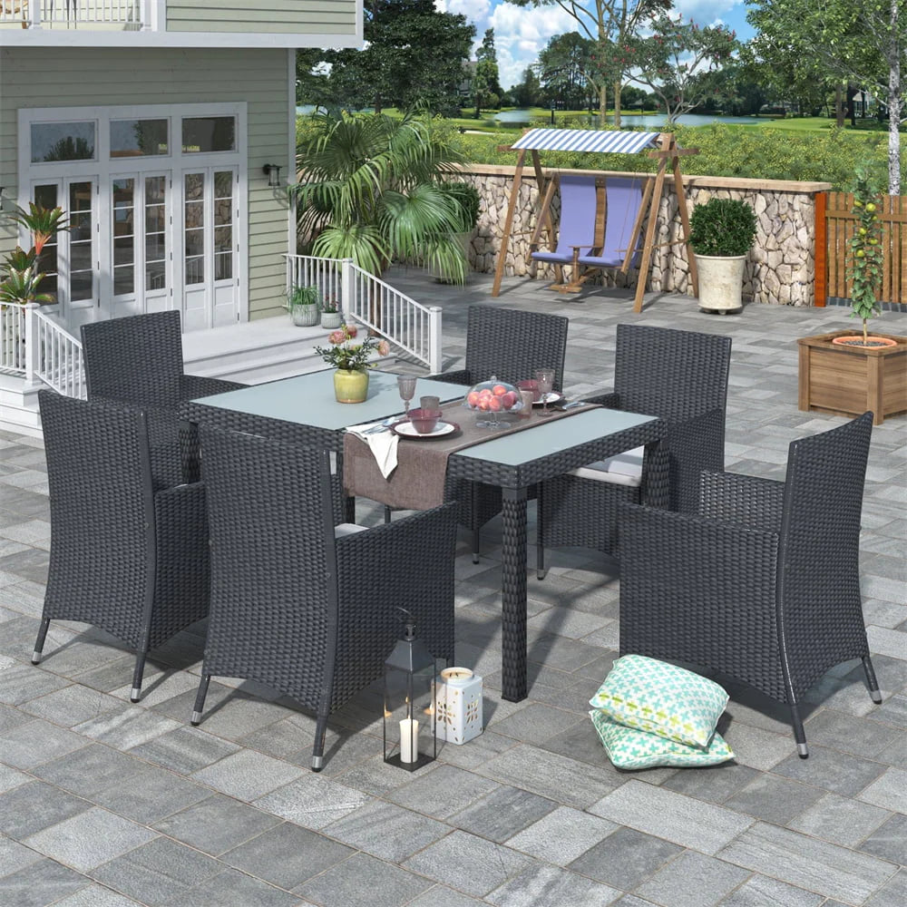 7 Piece Outdoor Wicker Sectional Dining Set, Outdoor Furniture Set with Stackable Armrest Chairs & Beige Cushions, Patio Dining Set for 6, Black Rattan