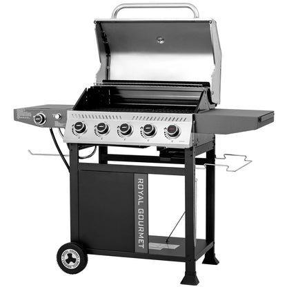 Royal Gourmet GA5406TS 5-Burner Gas Grill with Side Burner and Sear Burner,Cart Style Gas Grill with Side Shelf for Patio Garden Picnic Backyard Cooking, Silver & Black