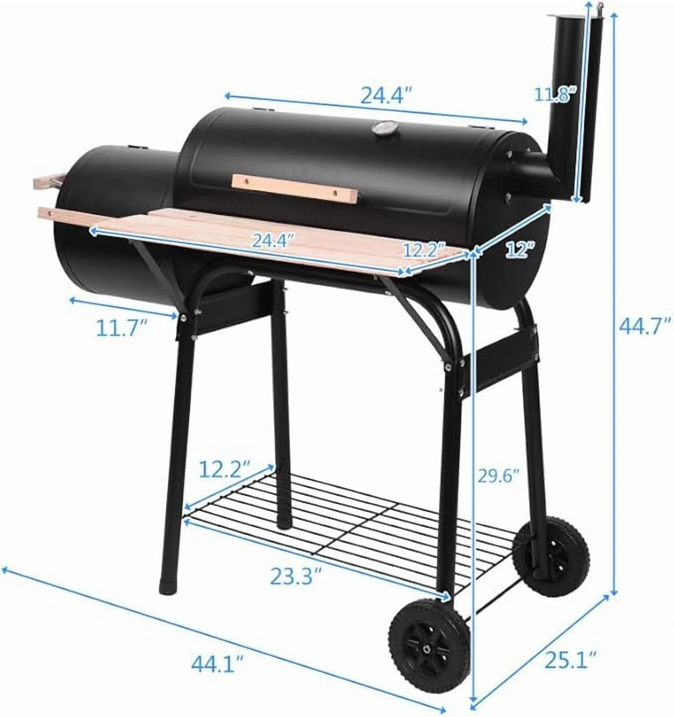Oil Drum Charcoal Furnace Grill & High-Temperature Offset Smoker - Camping BBQ with Side Fire Box, Wheels, Thermometer & Chimney - Portable Outdoor Barbecue for Backyard, Patio, Picnics & Tailgating