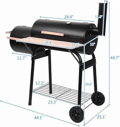 Oil Drum Charcoal Furnace Grill & High-Temperature Offset Smoker - Camping BBQ with Side Fire Box, Wheels, Thermometer & Chimney - Portable Outdoor Barbecue for Backyard, Patio, Picnics & Tailgating