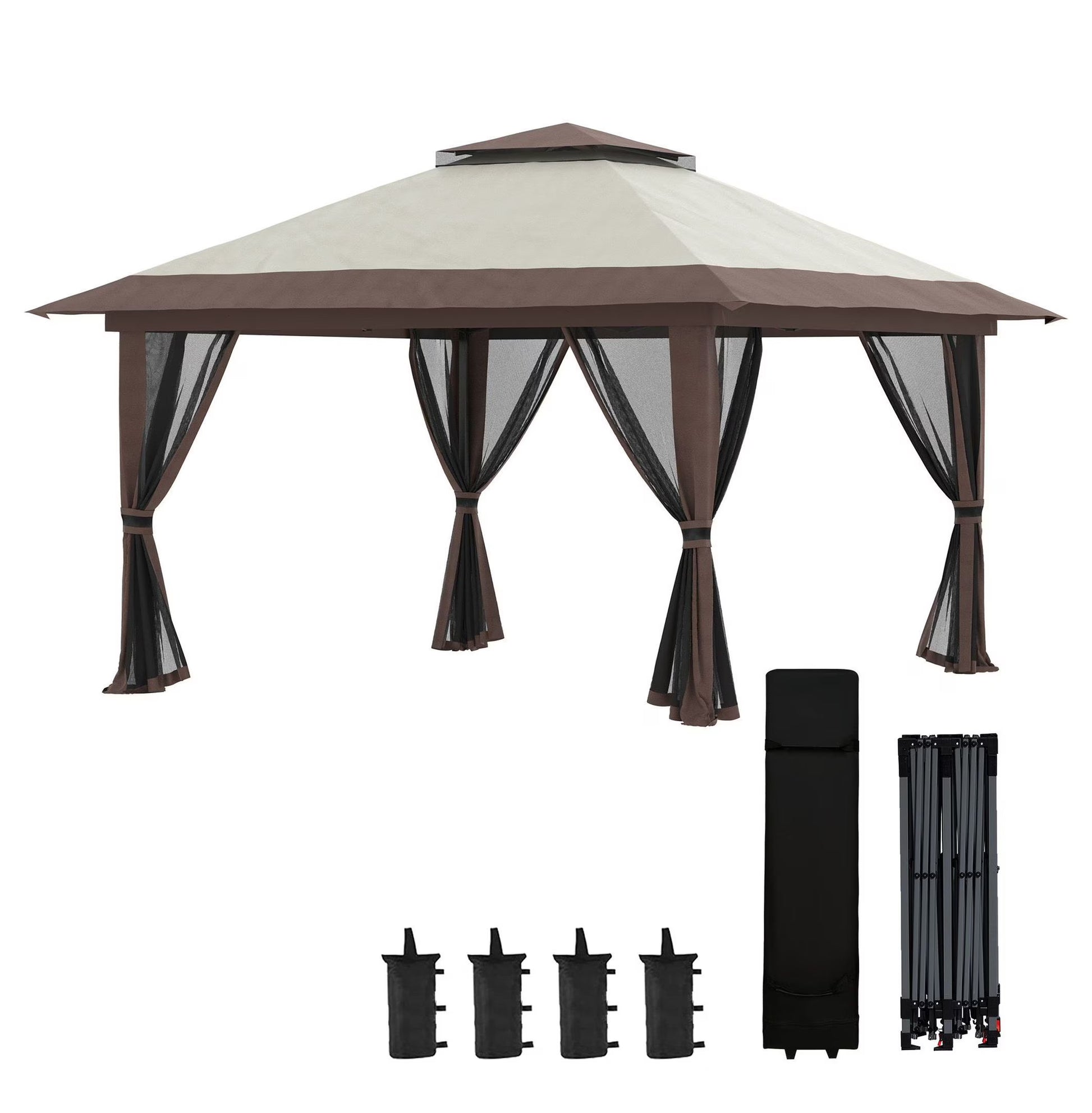 Pop Up Gazebo 13x13ft - Beige Patio Canopy Tent with Mesh Walls