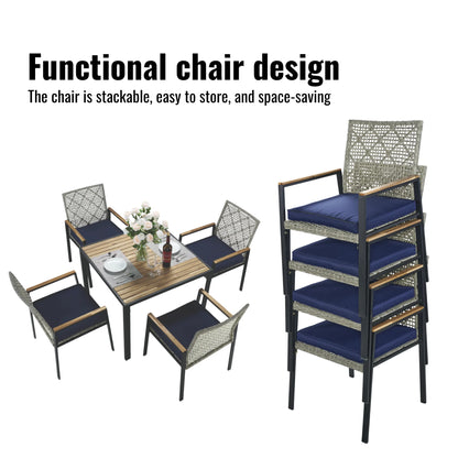Enyopro 5 Piece Outdoor Patio Dining Table Set, Rattan Wicker Chairs & Acacia Wood Table with Umbrella Hole, All Weather Garden Furniture Conversation Set for Porch, Balcony, Backyard, Lawn