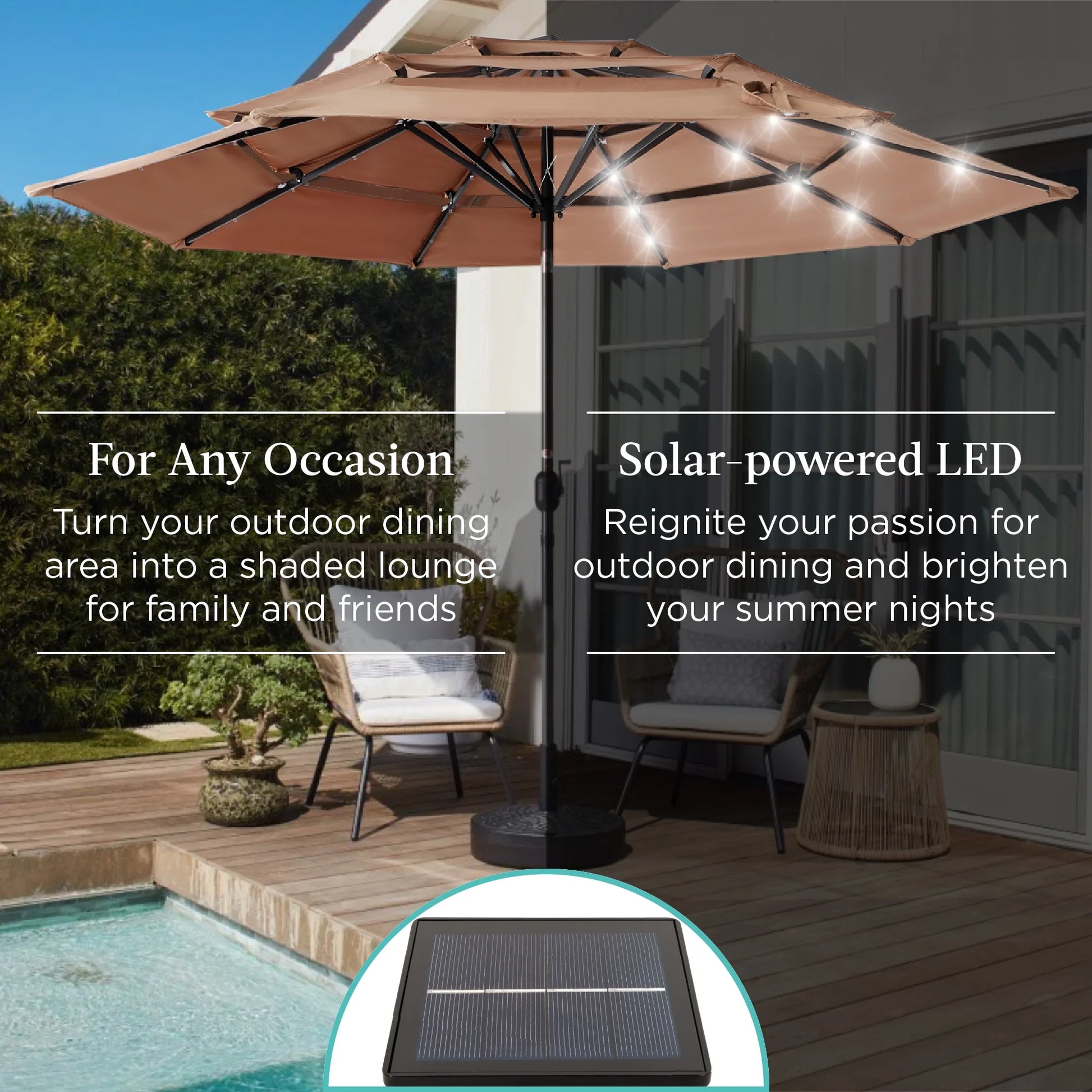 Best Choice Products 10ft 3-Tier Solar Patio Umbrella w/24 LED Lights, Tilt Adjustment, Easy Crank - Tan