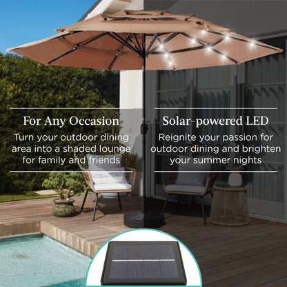 Best Choice Products 10ft 3-Tier Solar Patio Umbrella w/24 LED Lights, Tilt Adjustment, Easy Crank - Tan