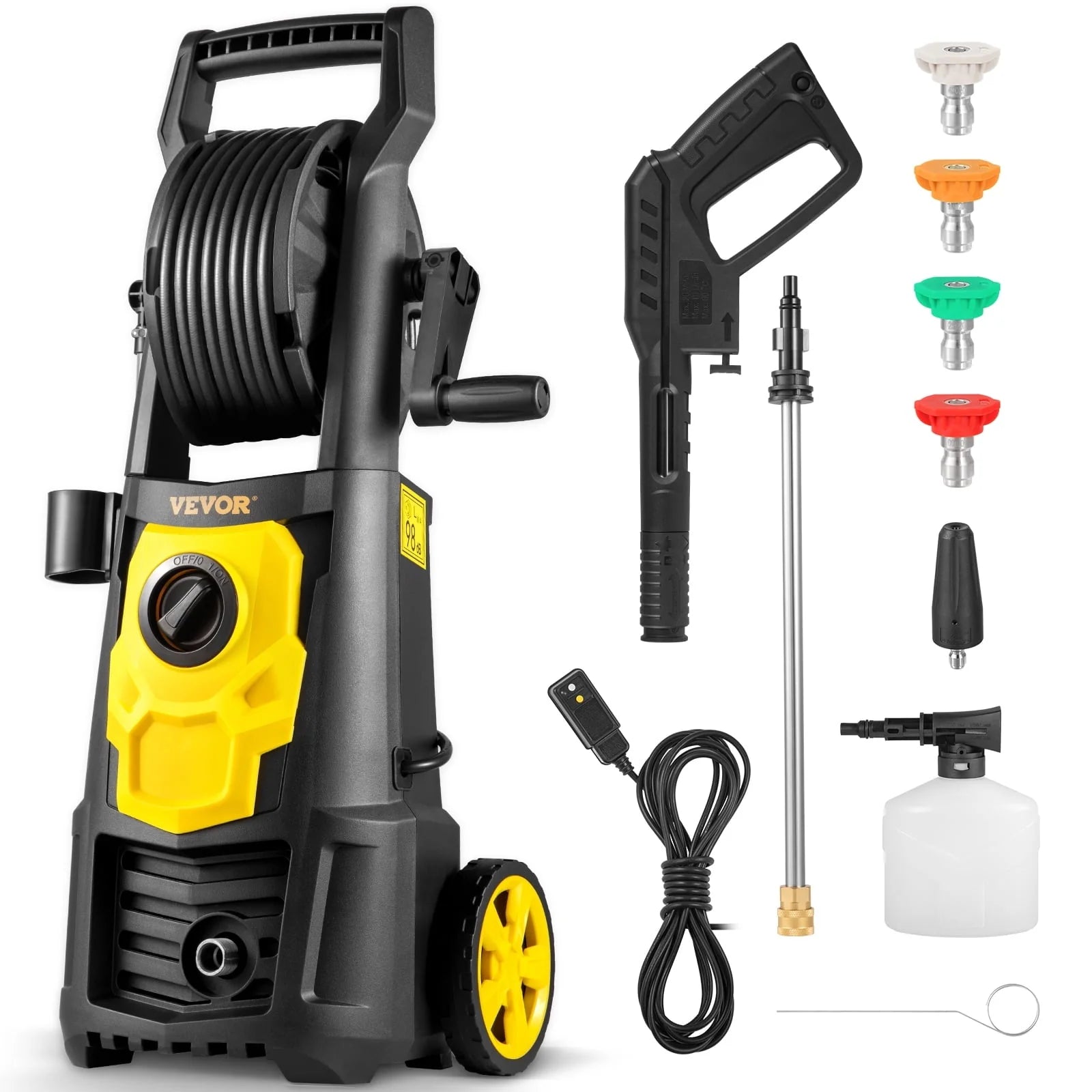 VEVOR Electric Pressure Washer, 2000 PSI, Max. 1.76 GPM Power Washer w/30 ft Hose & Reel, 5 Quick Connect Nozzles, Foam Cannon, Portable to Clean Patios, Cars, Fences, Driveways, ETL Listed