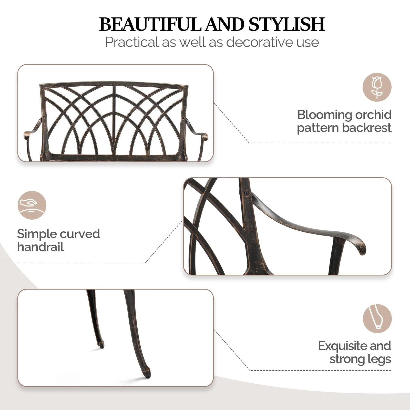 Zimtown Garden Patio Bench with Orchid Back , Aluminum Bench Chair For Backyard & Porch & Path, 38'' Bronze