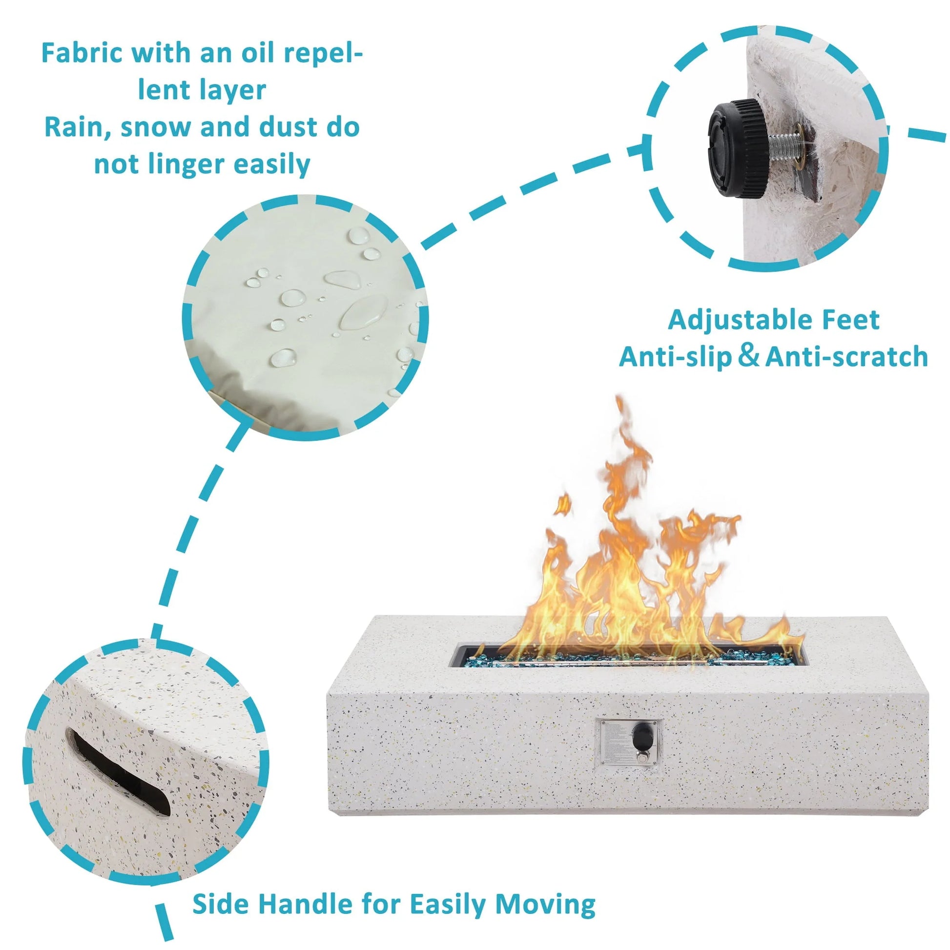 ESSENTIAL LOUNGER 56 inch Concrete Propane Fire Pit Table, 50,000 BTU Outdoor Firepit Rectangular Table for Garden& Patio, with Propane Tank Metal Stand, Fire Glass Beads and Waterproof Cover, White