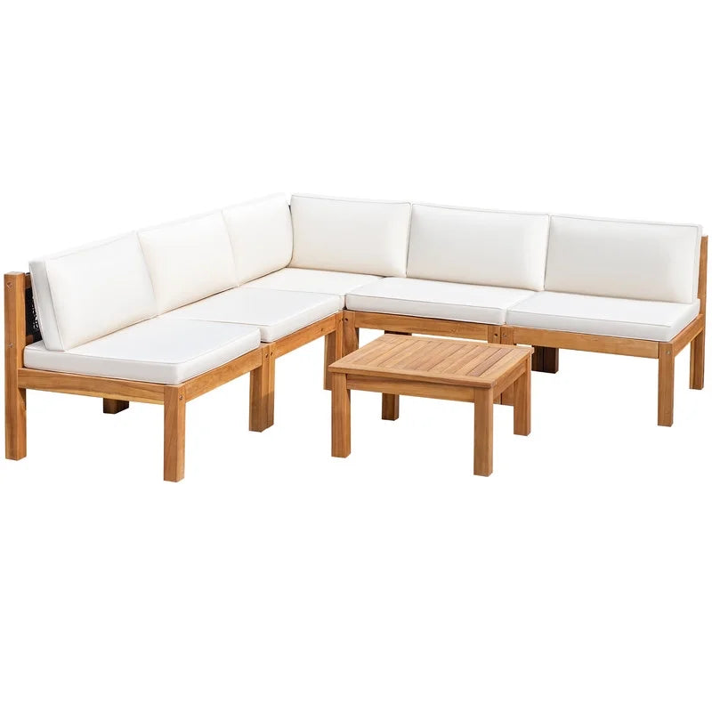 Patio prestige 7 Pieces Acacia Wood Patio Conversation Set Rope Woven Outdoor Sectional Sofa with Table and Cream Cushions