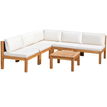 Patio prestige 7 Pieces Acacia Wood Patio Conversation Set Rope Woven Outdoor Sectional Sofa with Table and Cream Cushions