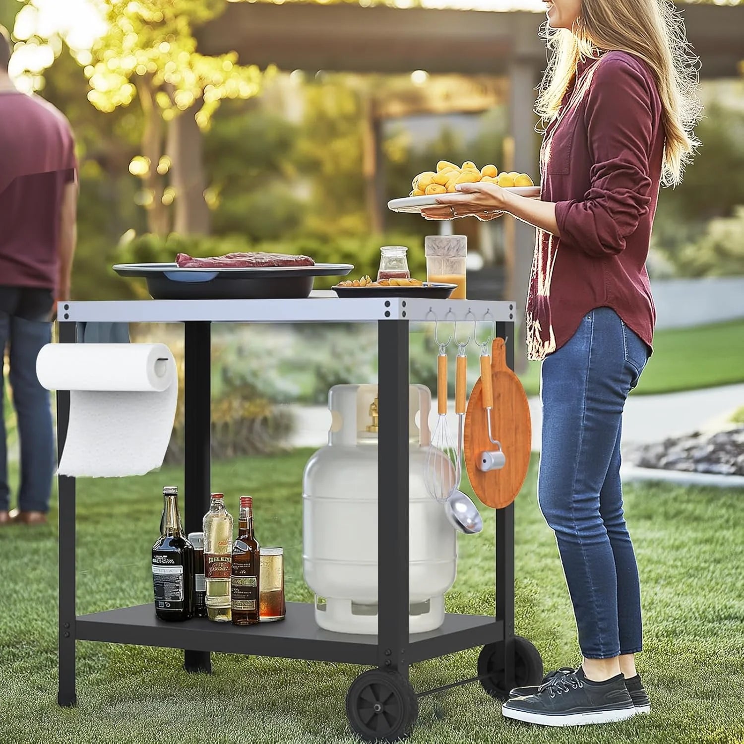 32x20IN Double-Shelve Grill Table, Stainless Steel Outdoor Grill Cart for Blackstone Griddle, Movable Pizza Oven Table for Outside Patio, Kitchen Cooking Food Prep Table for Party