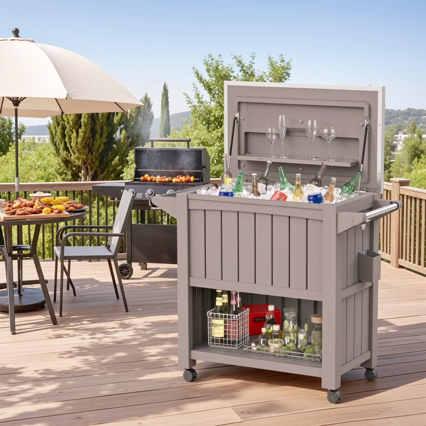 Dovov Portable Outdoor Patio Cooler Cart, 120 Quart Rolling Ice Chest Beverage Bar Cart Cooler with Wheels, Stainless Steel Lid, Bottle Opener, and Bottom Storage Shelf
