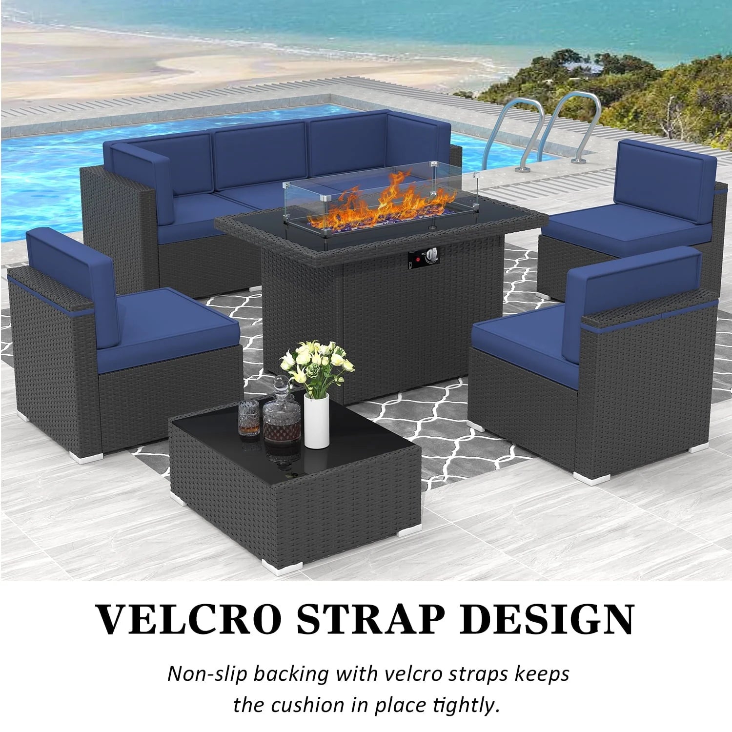 8 Piece Patio Furniture Set with 44" Propane Gas Fire Pit Table, Outdoor Sectional Conversation Set Wicker Rattan Sofa Set with Coffee Table