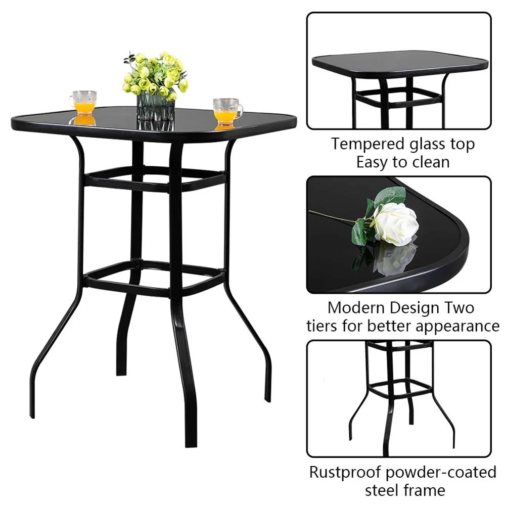 Cfowner 31? x 40? Square Multifunction Wrought Iron & Glass Patio Bar Table, Black