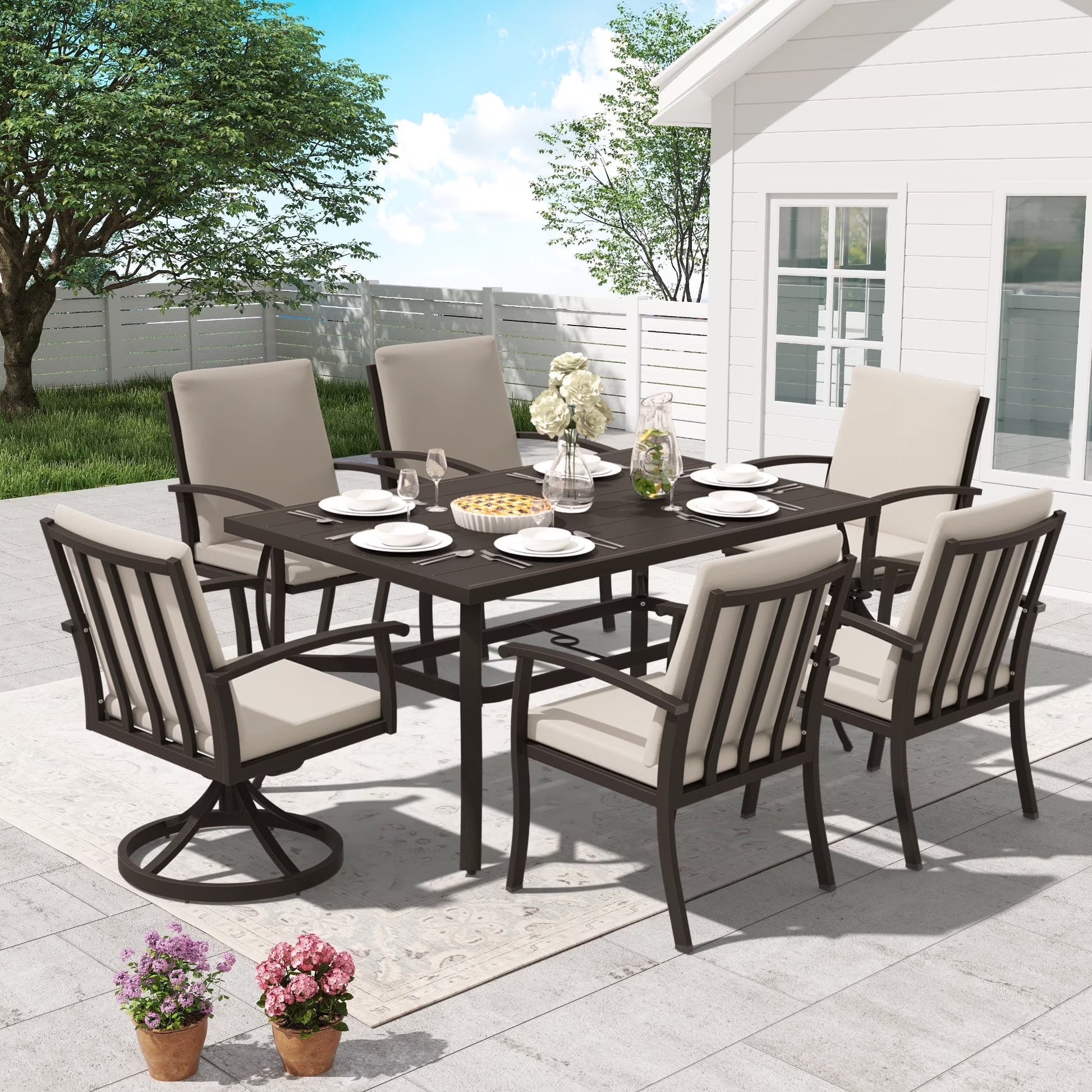 HAPPATIO 7 Piece Patio Dining Set, Aluminum Outdoor Dining Set for 6, Aluminum Dining Table and Chairs Set, Patio Dining Furniture with Aluminum Table, Chairs and Washable Cushions (Gray)