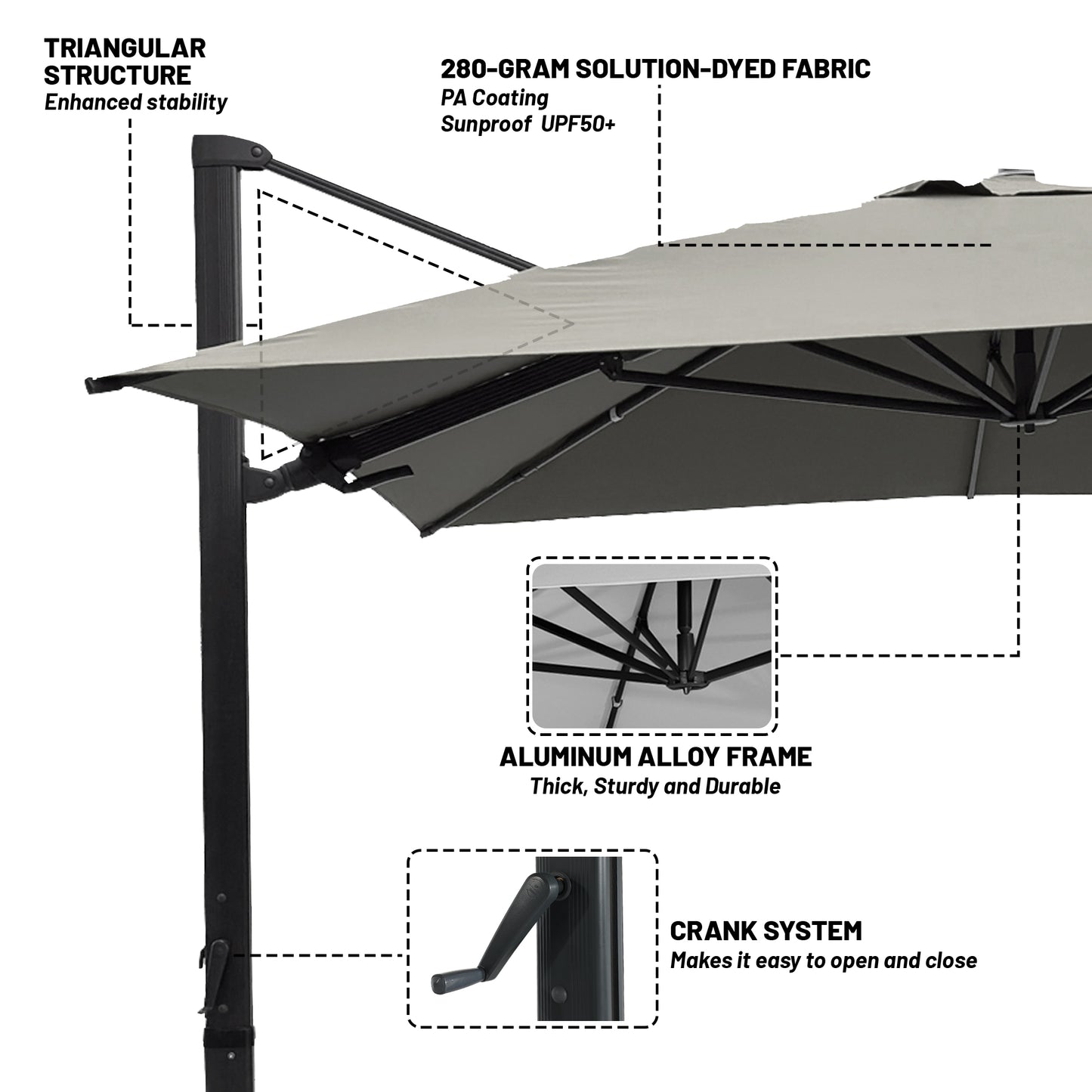 Boyel Living 10 x 13 FT Rectangle Patio Offset Umbrella Outdoor Large Cantilever Umbrella Heavy Duty Sun Umbrella, Gray(Without Base)
