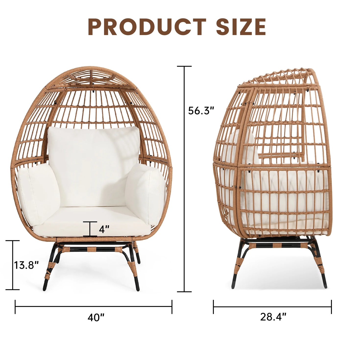 Skandiquip Oversized Rattan Adult Egg Chair, 360 Swivel, Outdoor Patio Chair with overstuffed Cushions, Indoor Large Wicker Egg Chair, Natural Rattan, Beige Cushion