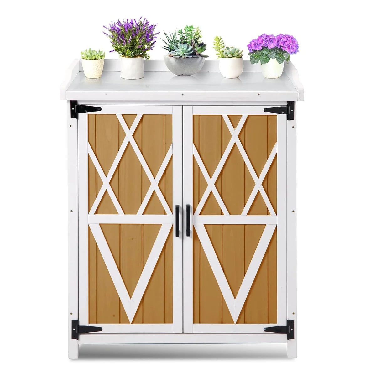 Danolapsi Potting Bench Outdoor Cabinet,Planting Work Benches with Adjustable Shelf Storage Cabinets with Metal Tabletop Double Doors Garden Work Bench for Backyard Patio Lawn
