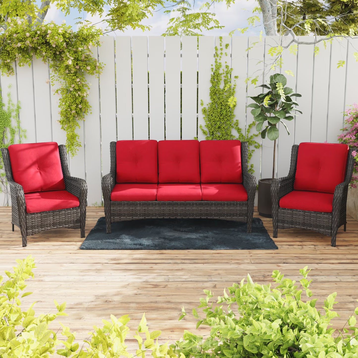 MeetLeisure 3 Pieces Outdoor Furniture Patio Furniture Set with One 3-Seat Sofa, Two ArmChairs, Navy