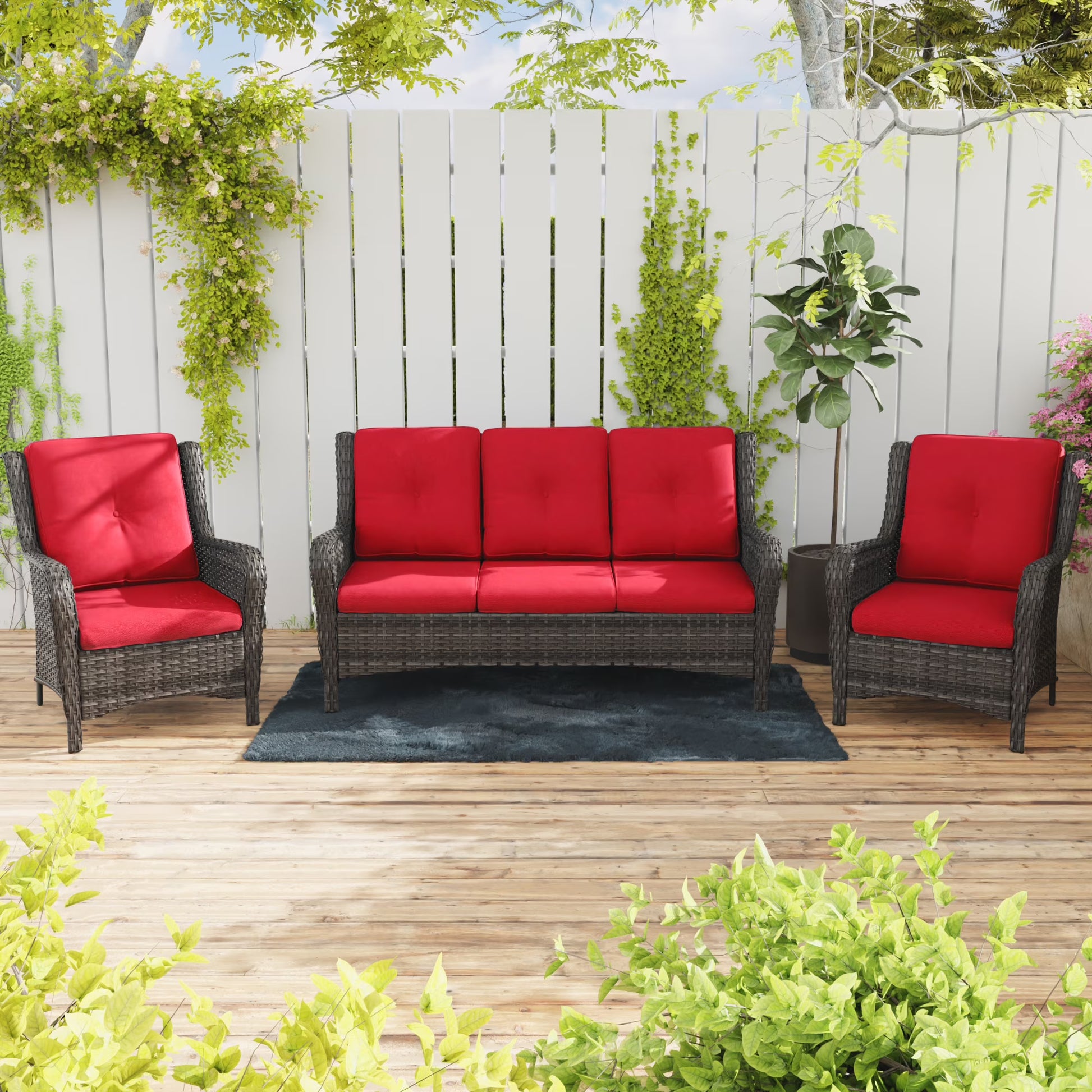 MeetLeisure 3 Pieces Outdoor Furniture Patio Furniture Set with One 3-Seat Sofa, Two ArmChairs, Navy
